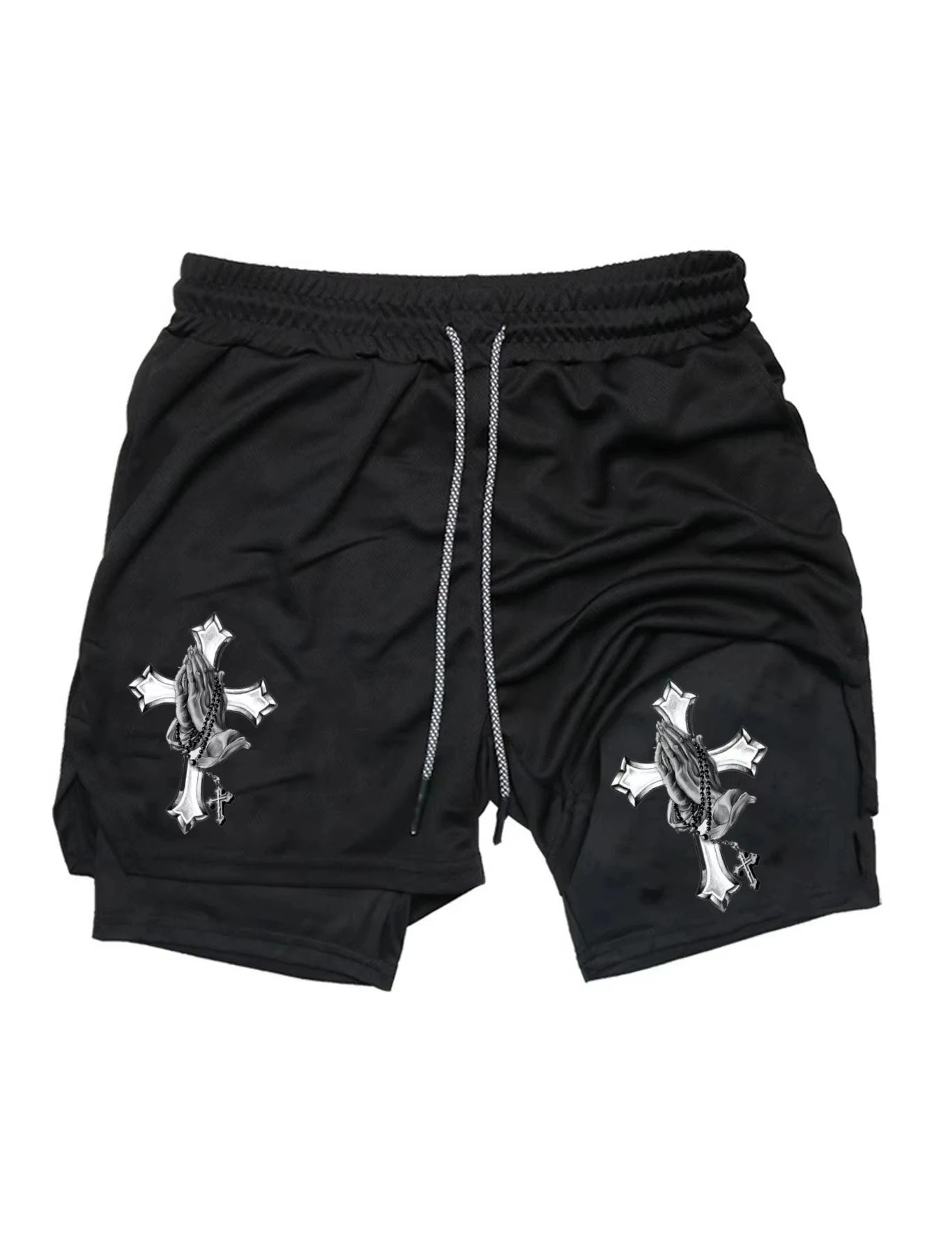 Men Fast Drying Double-Layer Crucifix Sports Shorts