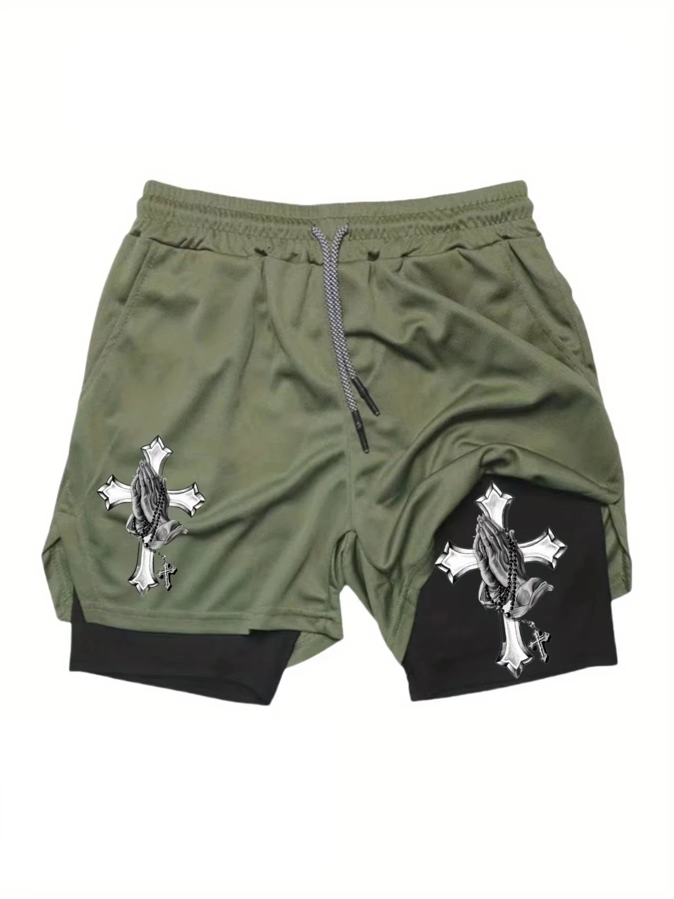 Men Fast Drying Double-Layer Crucifix Sports Shorts
