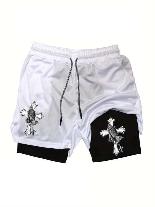 Men Fast Drying Double-Layer Crucifix Sports Shorts