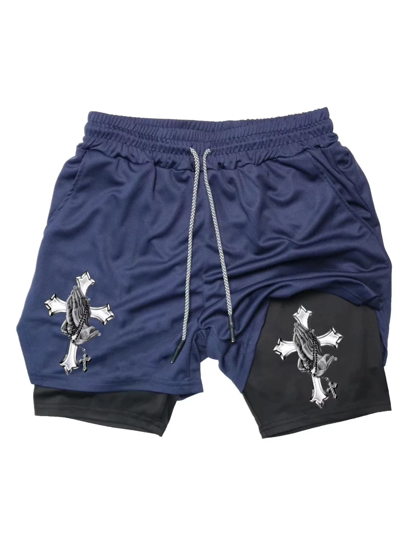 Men Fast Drying Double-Layer Crucifix Sports Shorts
